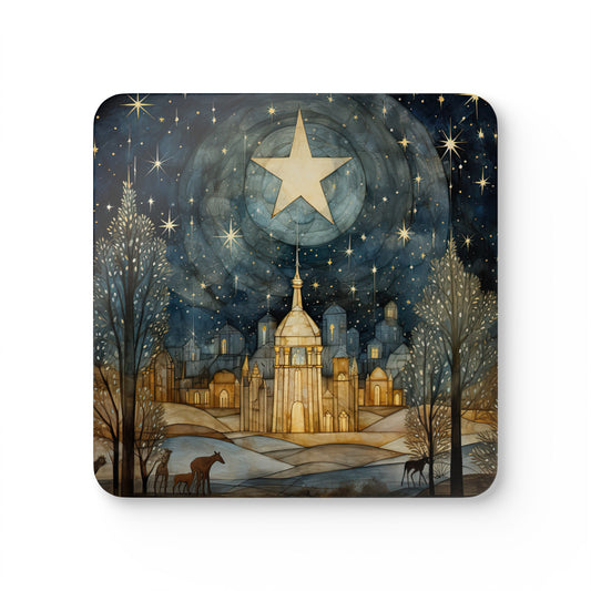 Winter Star, Starry Night Sky Folk Art Gift, Corkwood Coaster Set  - Christmas Gift