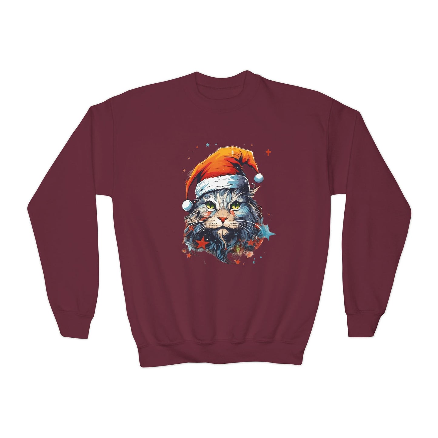 Scrappy White Cat in Santa Hat, Kids Sweatshirt - Adorable Kids Youth Crewneck Sweatshirt -Christmas Cat Lover Gift Shirt