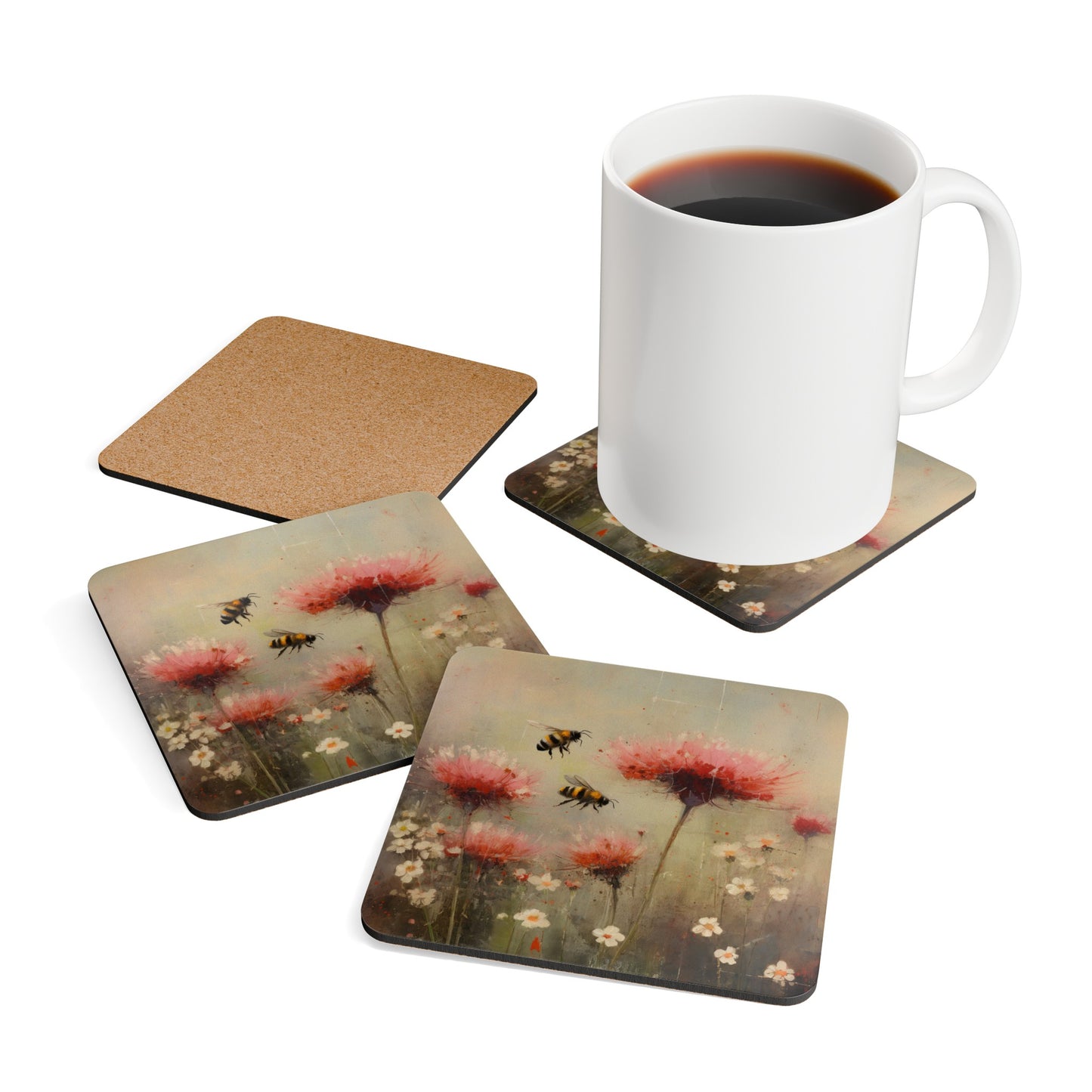 Bees Gift, Bee Lover, Bees in a Flower Garden, Art Gift, Corkwood Coaster Set, Save the Bees