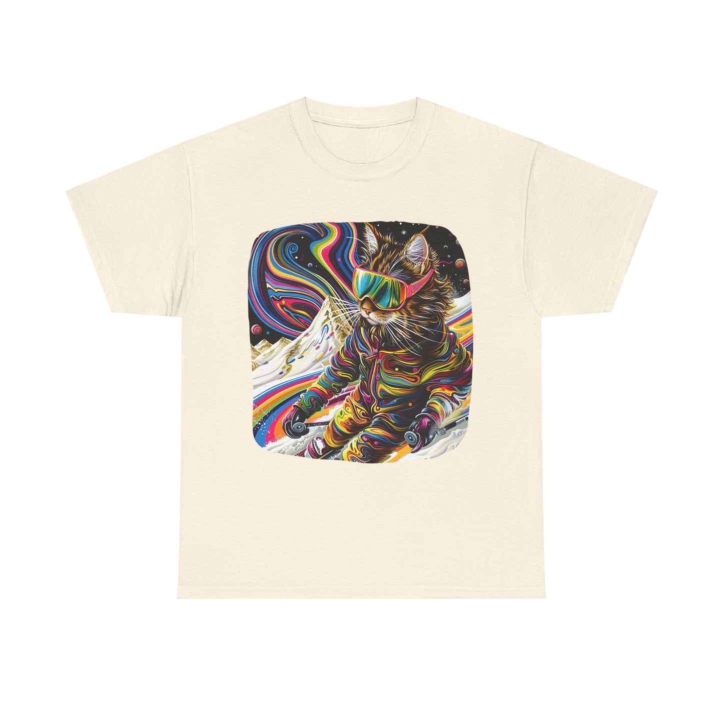 Ski Cat, Winter Sports Cat Shirt, Art Gift   -  Cool Cats Unisex Heavy Cotton Tee T-Shirt