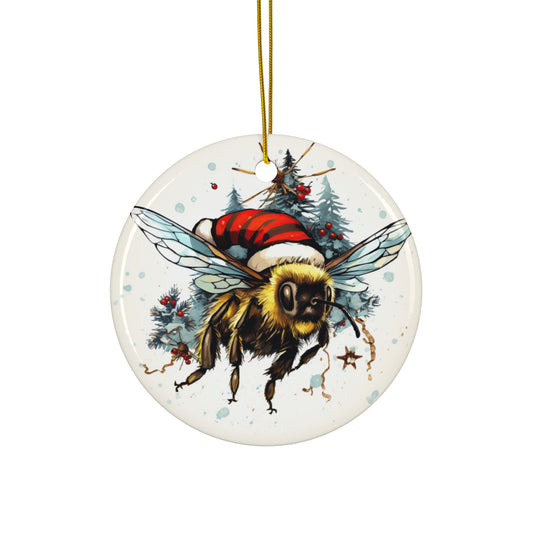 Bee Ornament Save the Bees, Bee Garden, Bee in Santa Hat Art Ornament, Bee Conservation Christmas Gift,  Ceramic Ornament for Christmas Tree