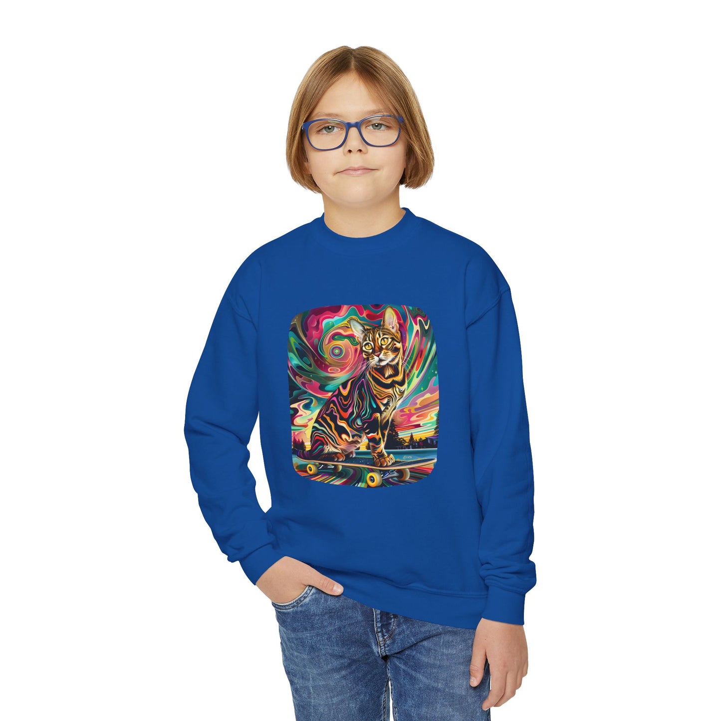 Skatboard Cats for Kids Sweatshirt - Psychedelic Skateboard Cat Youth Crewneck Sweatshirt -Christmas Cat Gift