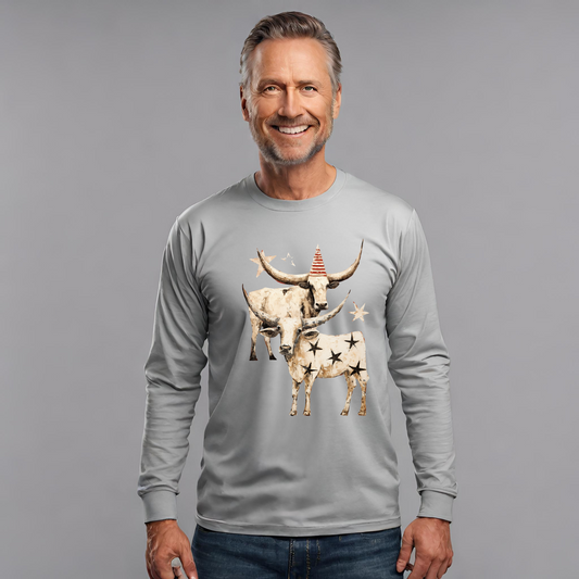 Texas Longhorn Cattle Graphic Tee, Oklahoma Cattle Country, Rodeo Gift, Cow Stars Long Sleeve T-shirt  Ultra Cotton Long Sleeve Tee T-Shirt