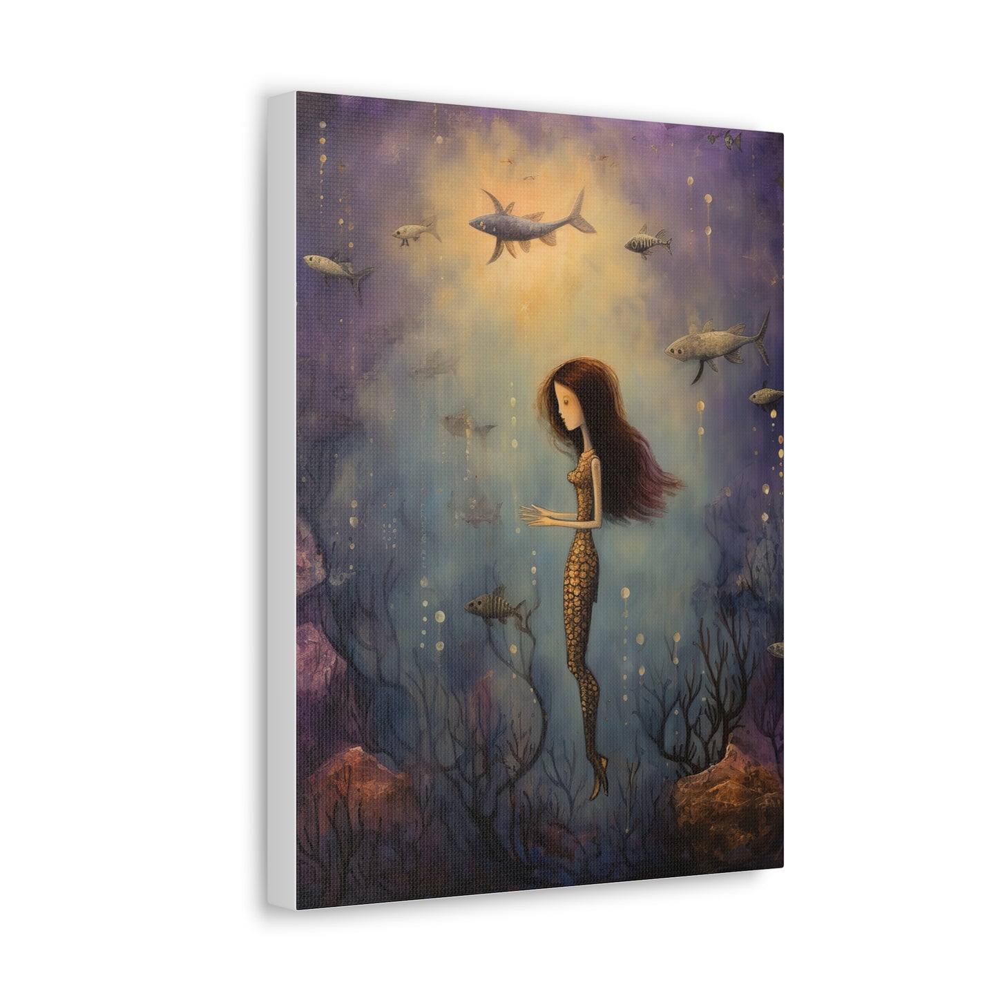 Purple Mermaid Underwater Scene, Mermaid Gift, Kids, Fantasy Mystical Fish Wall Art, Canvas, Flower Gift, Wall Art Painting Pastel