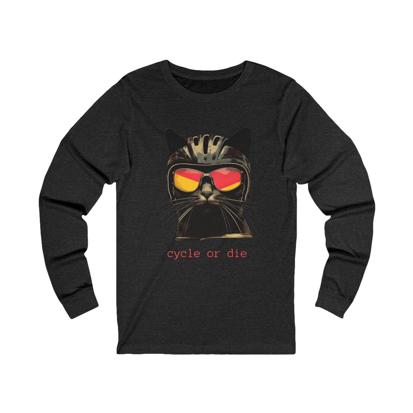 Cat in a Bike Helmet, Cat, Cycling Lover's Gift "Cycle or Die" Unisex Jersey Long Sleeve Tee Shirt, T-Shirt, Cat or Bike Lovers Gift