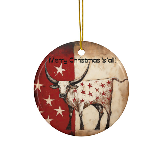 Texas Longhorn Cattle Stars Christmas Greeting Ceramic Tree Ornament. Merry Christmas Y'all  Happy Holiday Southern Greeting Gift