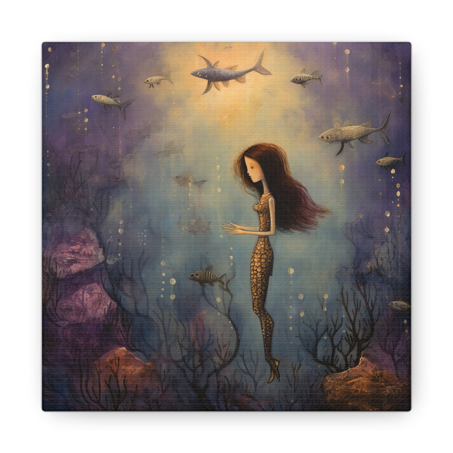 Purple Mermaid Underwater Scene, Mermaid Gift, Kids, Fantasy Mystical Fish Wall Art, Canvas, Flower Gift, Wall Art Painting Pastel