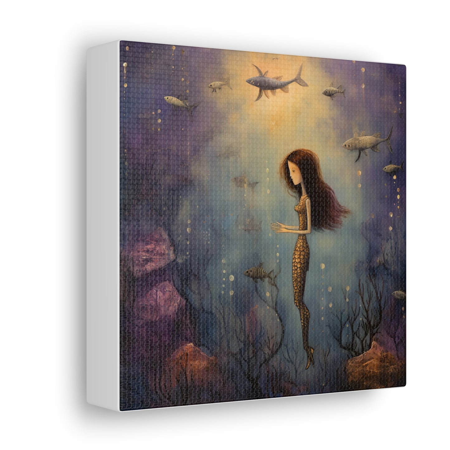 Purple Mermaid Underwater Scene, Mermaid Gift, Kids, Fantasy Mystical Fish Wall Art, Canvas, Flower Gift, Wall Art Painting Pastel