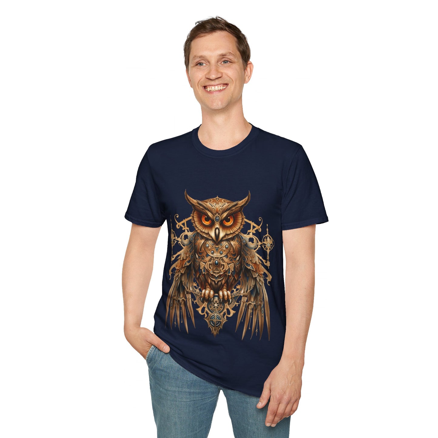 Steampunk Art Deco Style Owl II, Golden Owl Shirt, 1920's Owl  Gift  Unisex Tee Shirt, T-Shirt Softstyle T-Shirt Tee Teeshirt