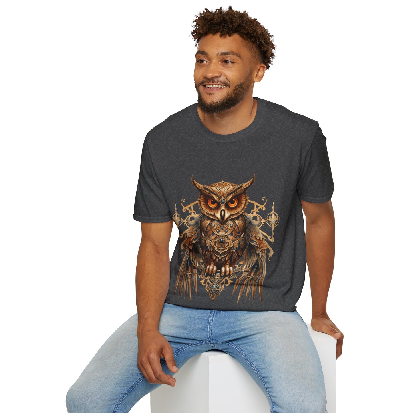 Steampunk Art Deco Style Owl II, Golden Owl Shirt, 1920's Owl  Gift  Unisex Tee Shirt, T-Shirt Softstyle T-Shirt Tee Teeshirt