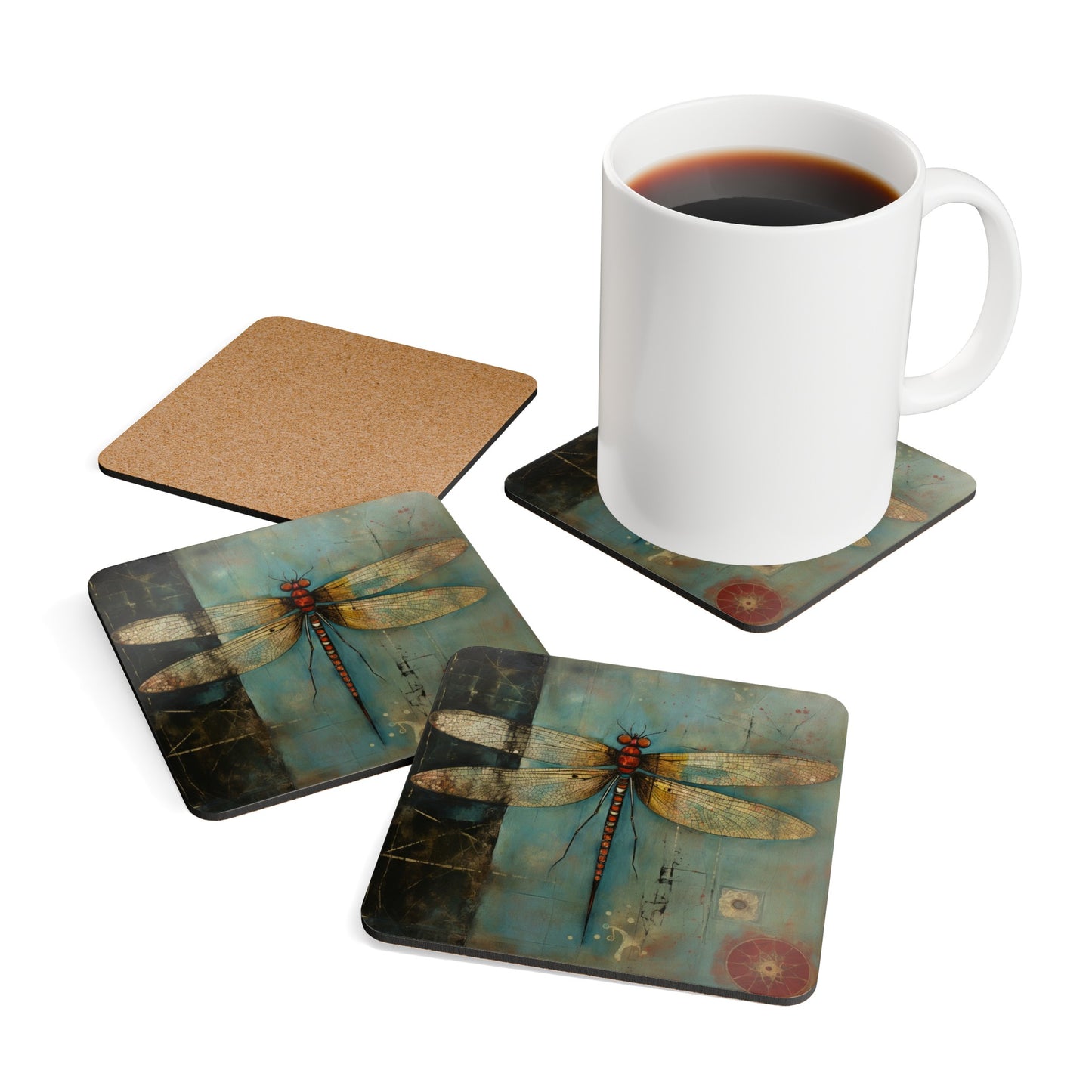 Folk Art Dragonfly, Home Decor Gift ,Dragonfly Corkwood Coaster Set