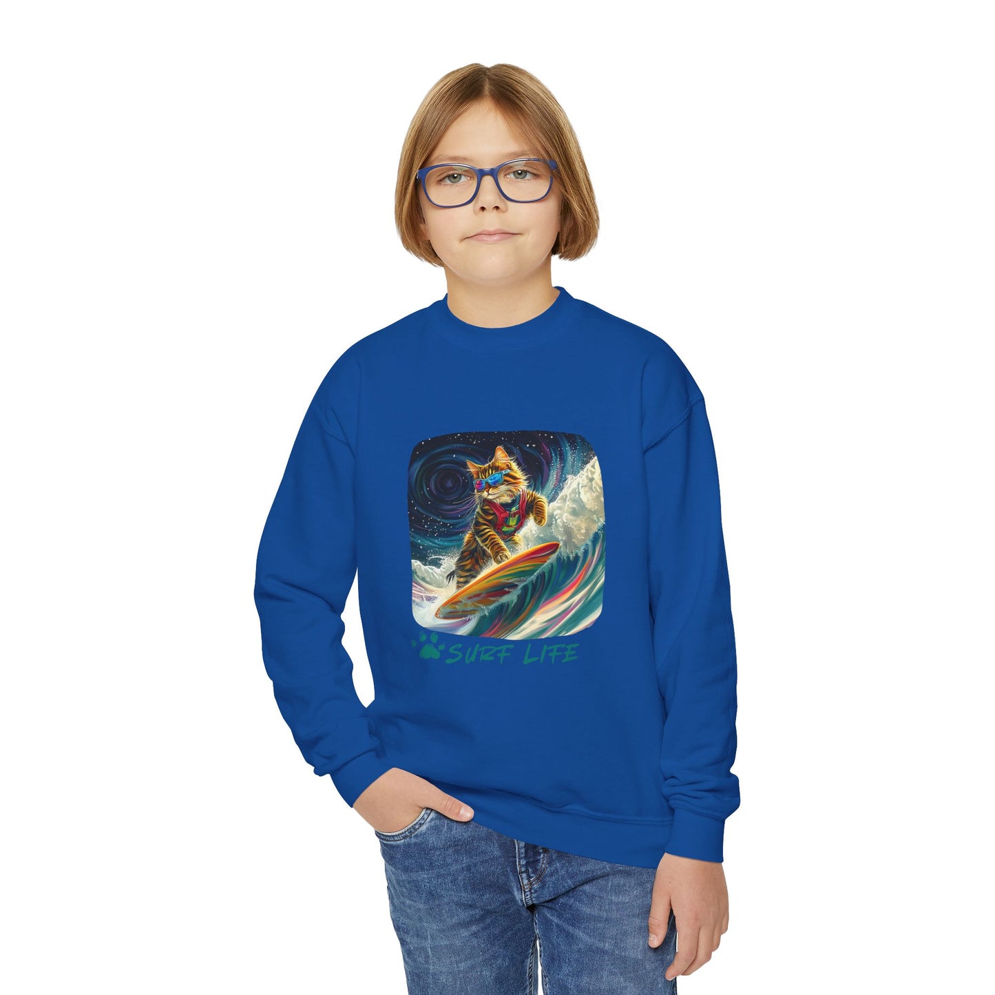 Surf Life Surfer Cat for Kids Sweatshirt - Kitty  Cat Shredding the Weves-Youth Crewneck Sweatshirt -Christmas Cat Gift