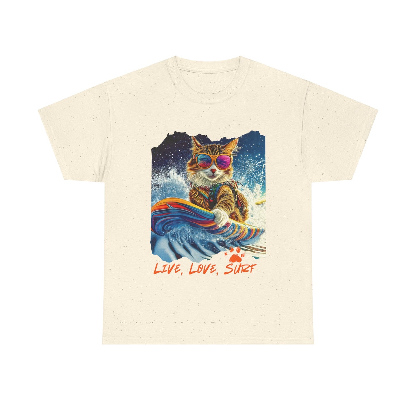 Live, Love Surf - Surfer Cat Graphic Tee, Cat on Surfboard  reads "Live, Love Surf"  Surf Life Cat ,Art Gift   -  Cool Cats Unisex Heavy Cotton Tee T-Shirt