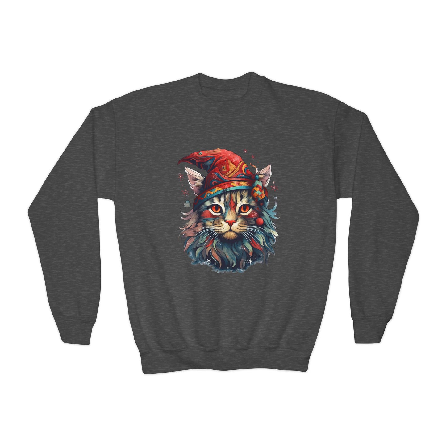 Santa's Cat Elf in Santa Hat, Kids Sweatshirt - Adorable Kids Youth Crewneck Sweatshirt -Christmas Cat Wizard Gift