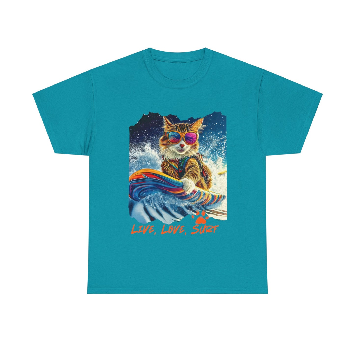 Live, Love Surf - Surfer Cat Graphic Tee, Cat on Surfboard  reads "Live, Love Surf"  Surf Life Cat ,Art Gift   -  Cool Cats Unisex Heavy Cotton Tee T-Shirt