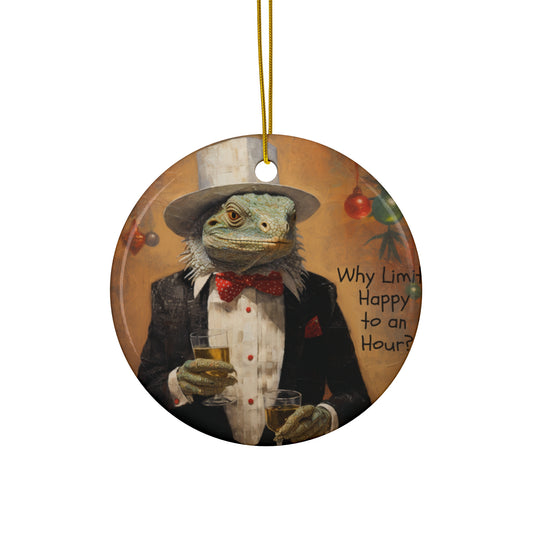 Holiday, Christmas New Years Drinking Gift, Happy Hour Cocktails Ornament, Lizard with Bowtie, Iguana, Reptile Lover Gift Ceramic Art