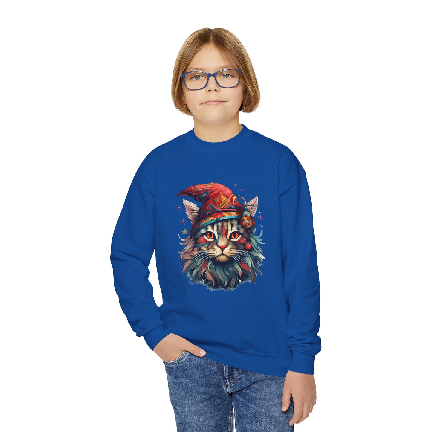 Santa's Cat Elf in Santa Hat, Kids Sweatshirt - Adorable Kids Youth Crewneck Sweatshirt -Christmas Cat Wizard Gift