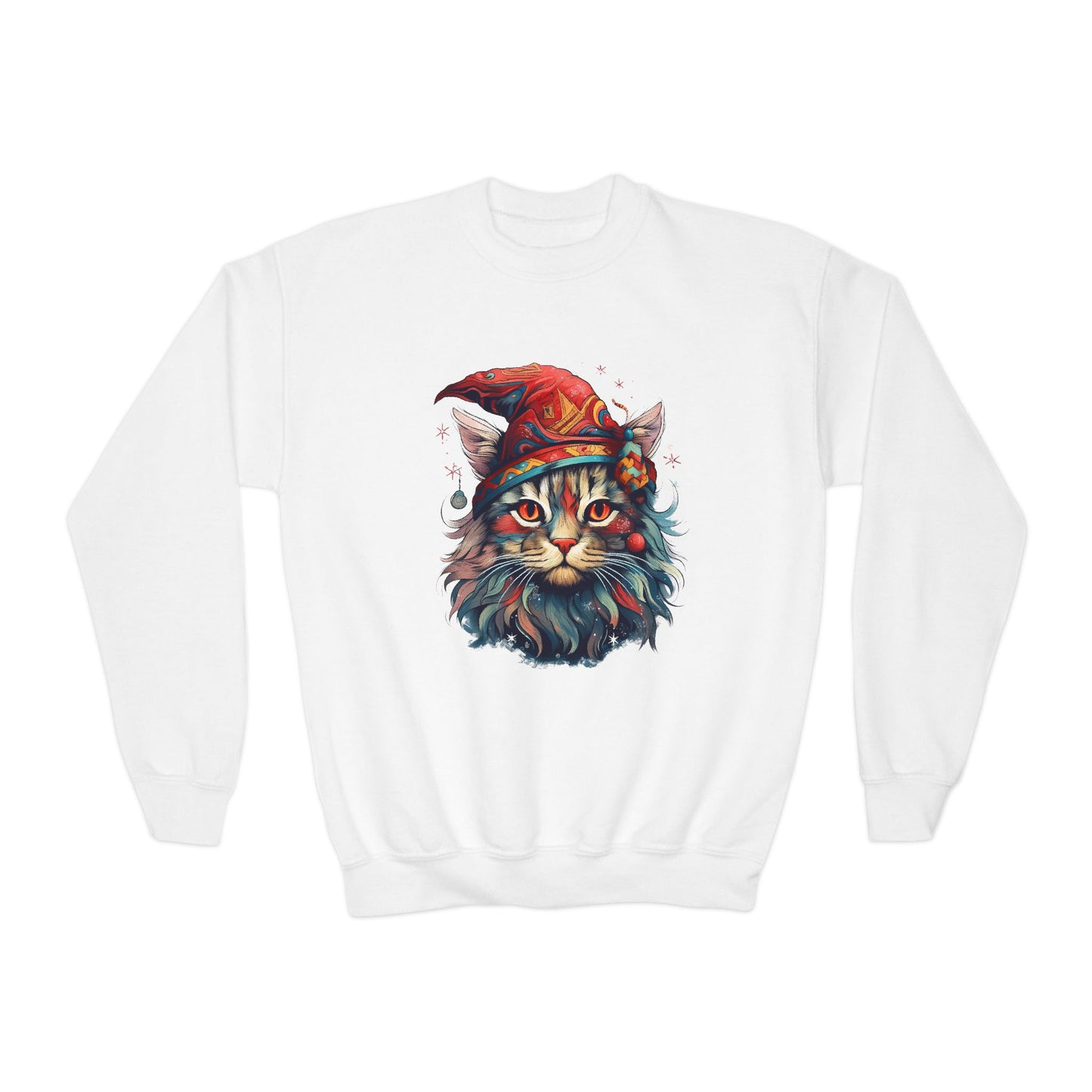 Santa's Cat Elf in Santa Hat, Kids Sweatshirt - Adorable Kids Youth Crewneck Sweatshirt -Christmas Cat Wizard Gift