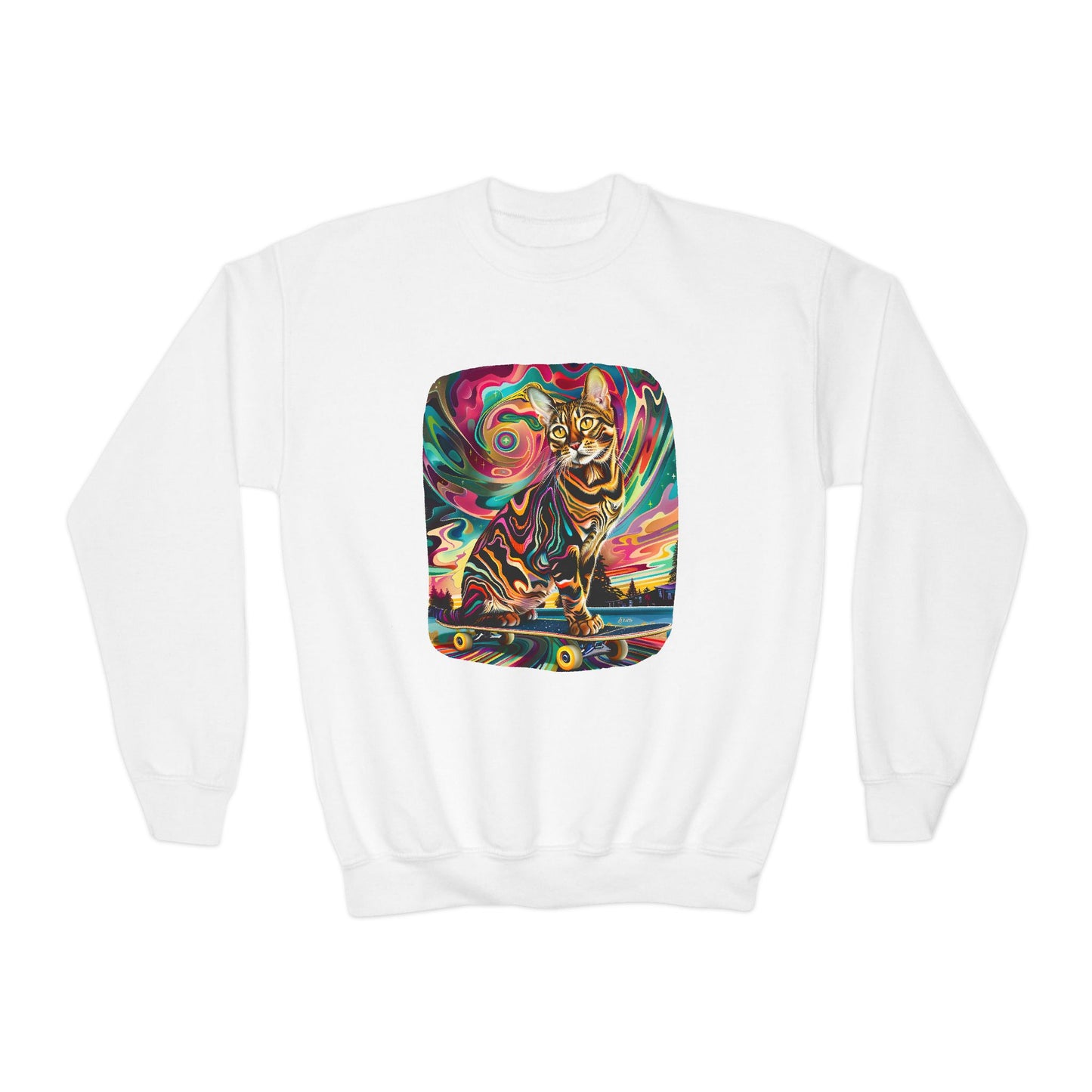 Skatboard Cats for Kids Sweatshirt - Psychedelic Skateboard Cat Youth Crewneck Sweatshirt -Christmas Cat Gift