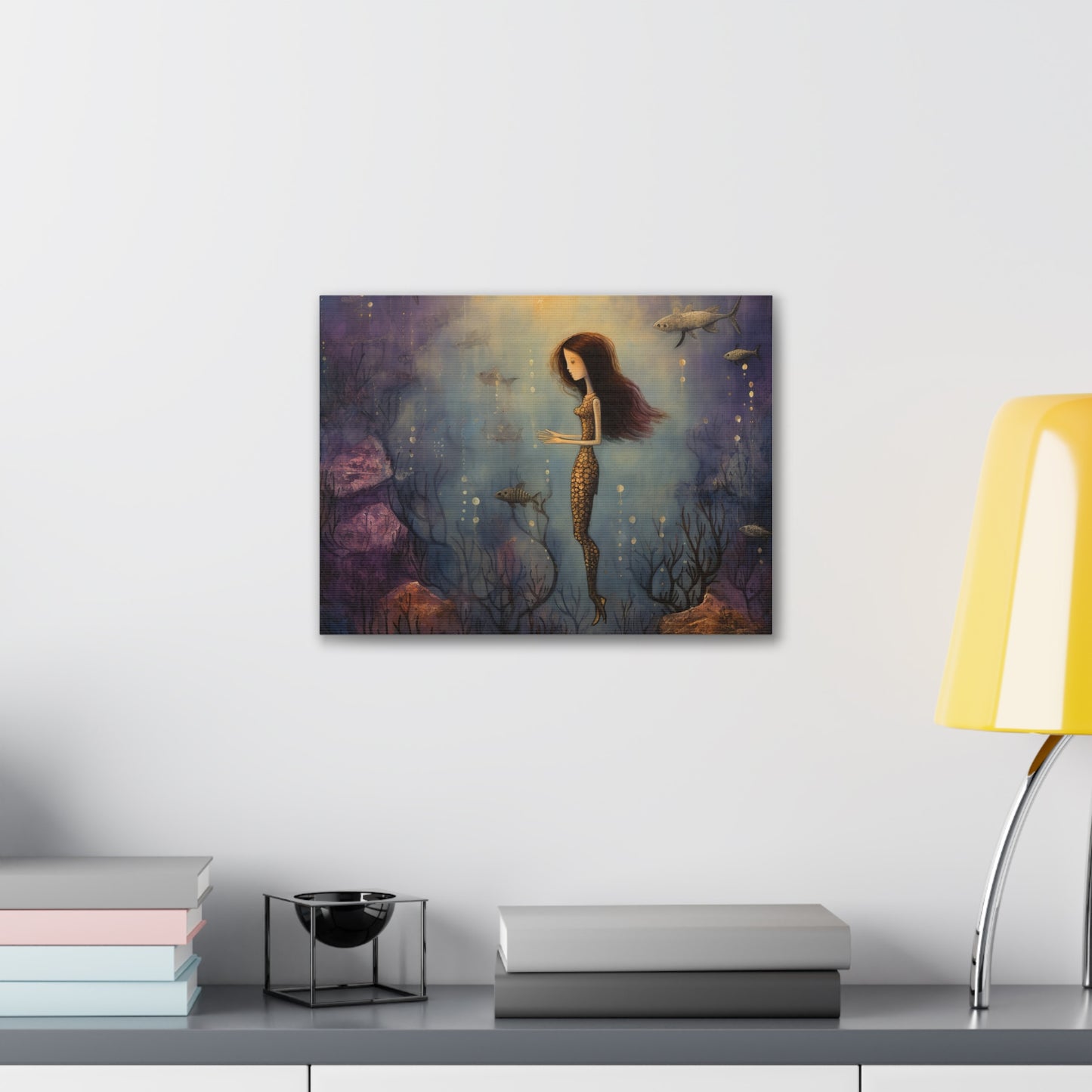 Purple Mermaid Underwater Scene, Mermaid Gift, Kids, Fantasy Mystical Fish Wall Art, Canvas, Flower Gift, Wall Art Painting Pastel