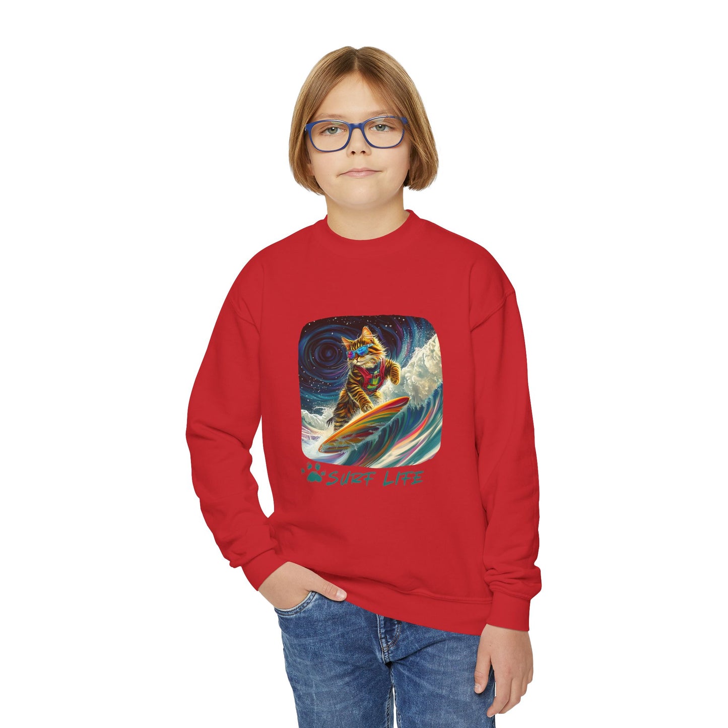 Surf Life Surfer Cat for Kids Sweatshirt - Kitty  Cat Shredding the Weves-Youth Crewneck Sweatshirt -Christmas Cat Gift