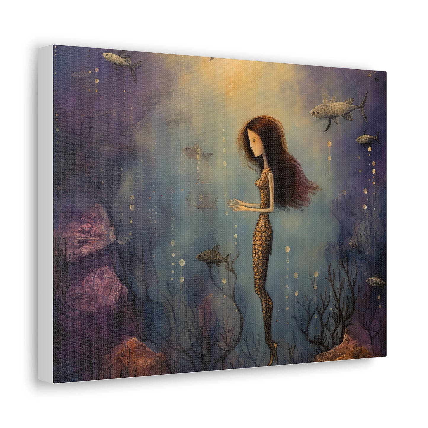 Purple Mermaid Underwater Scene, Mermaid Gift, Kids, Fantasy Mystical Fish Wall Art, Canvas, Flower Gift, Wall Art Painting Pastel