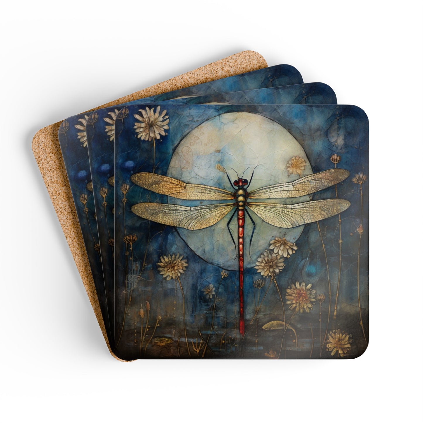 Dragonfly Folk Art Gift, Corkwood Coaster Set Home Decor Gift for Dragonfly Lovers