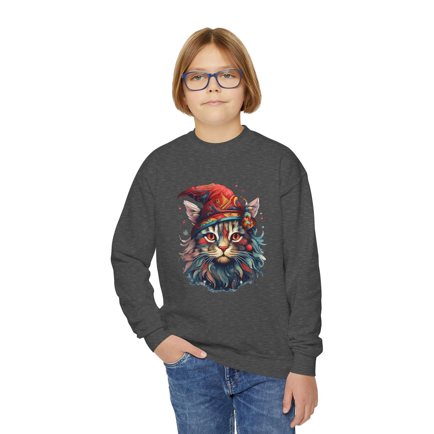 Santa's Cat Elf in Santa Hat, Kids Sweatshirt - Adorable Kids Youth Crewneck Sweatshirt -Christmas Cat Wizard Gift