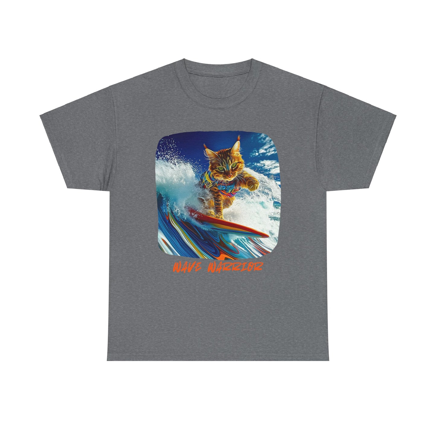 Wave Warrior Surfer Surfing Cat, Cat on Surfboard Graphic Tee reads "Wave Warrior"  Surf Life Cat ,Art Gift   -  Cool Cats Unisex Heavy Cotton Tee T-Shirt