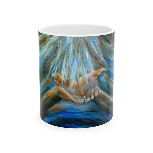 Hands of Grace, Hands of Light, Creation, Spiritual, Religious Christmas Gift, Printed Ceramic Mug 11oz Christian Spirit Christ Gift