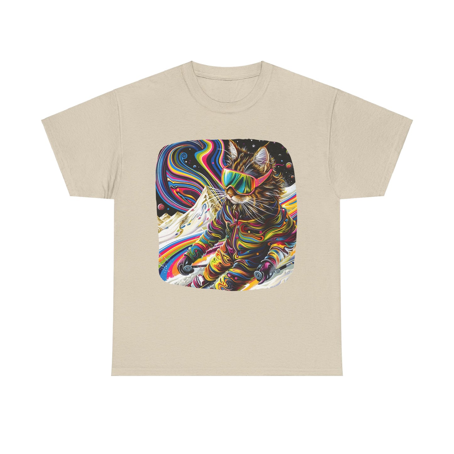 Ski Cat, Winter Sports Cat Shirt, Art Gift   -  Cool Cats Unisex Heavy Cotton Tee T-Shirt