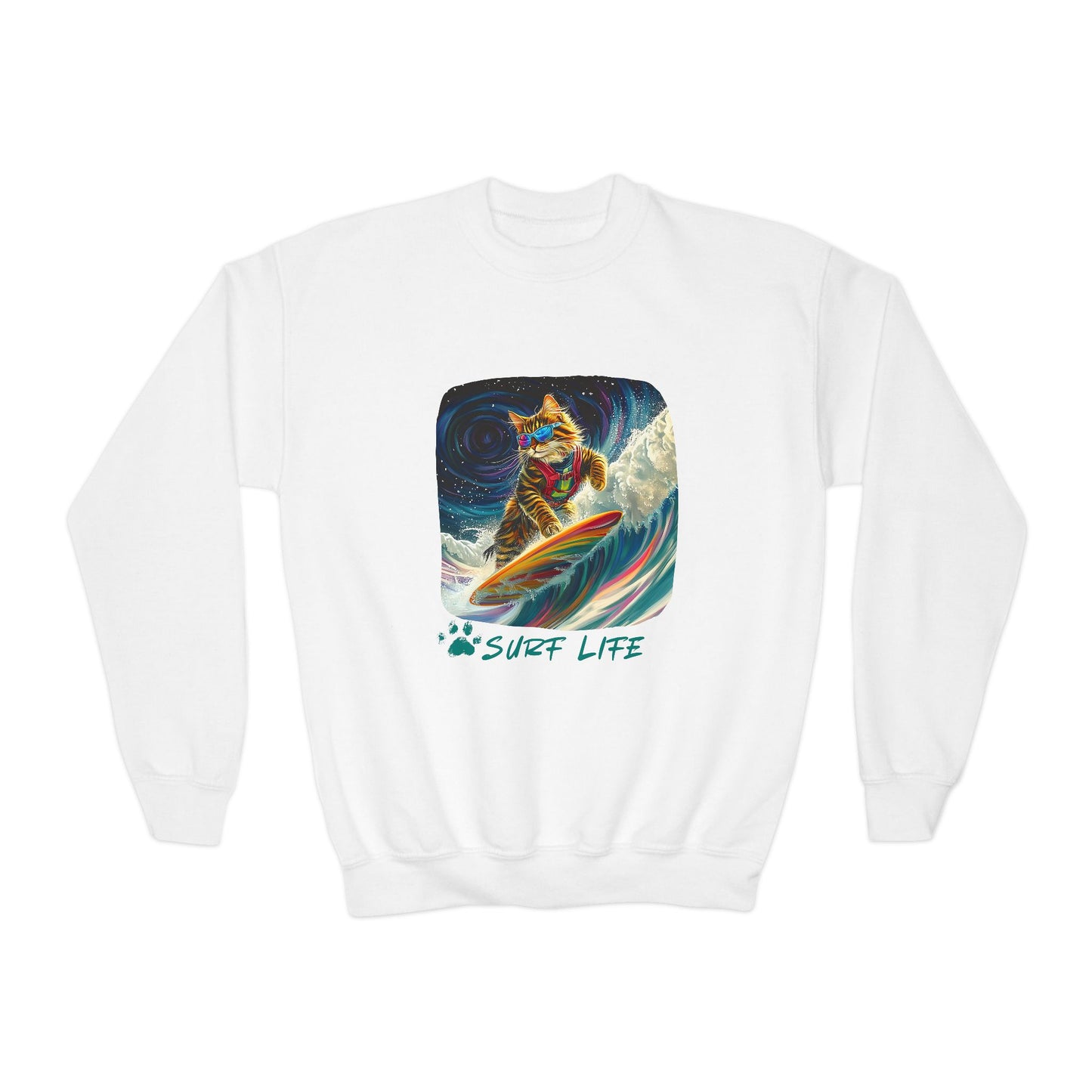 Surf Life Surfer Cat for Kids Sweatshirt - Kitty  Cat Shredding the Weves-Youth Crewneck Sweatshirt -Christmas Cat Gift