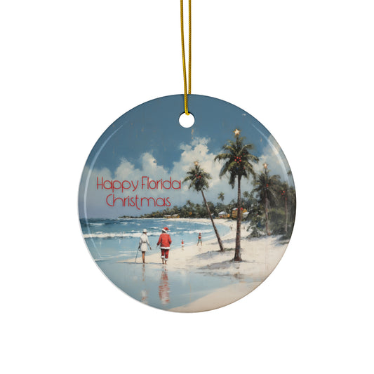 Happy Florida Christmas! Florida, Tropical, Sailing Sailboat Seaside Christmas Greetings -  Christmas Tree Keepsake Ornament Ceramic - Seas and Greetings