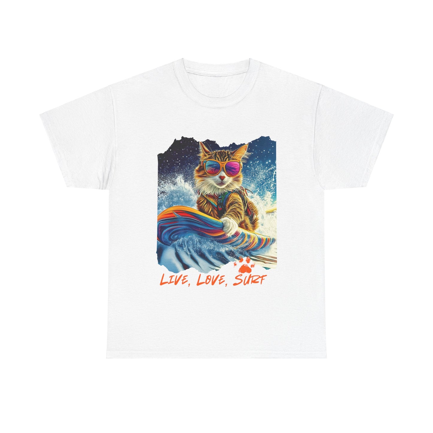 Live, Love Surf - Surfer Cat Graphic Tee, Cat on Surfboard  reads "Live, Love Surf"  Surf Life Cat ,Art Gift   -  Cool Cats Unisex Heavy Cotton Tee T-Shirt