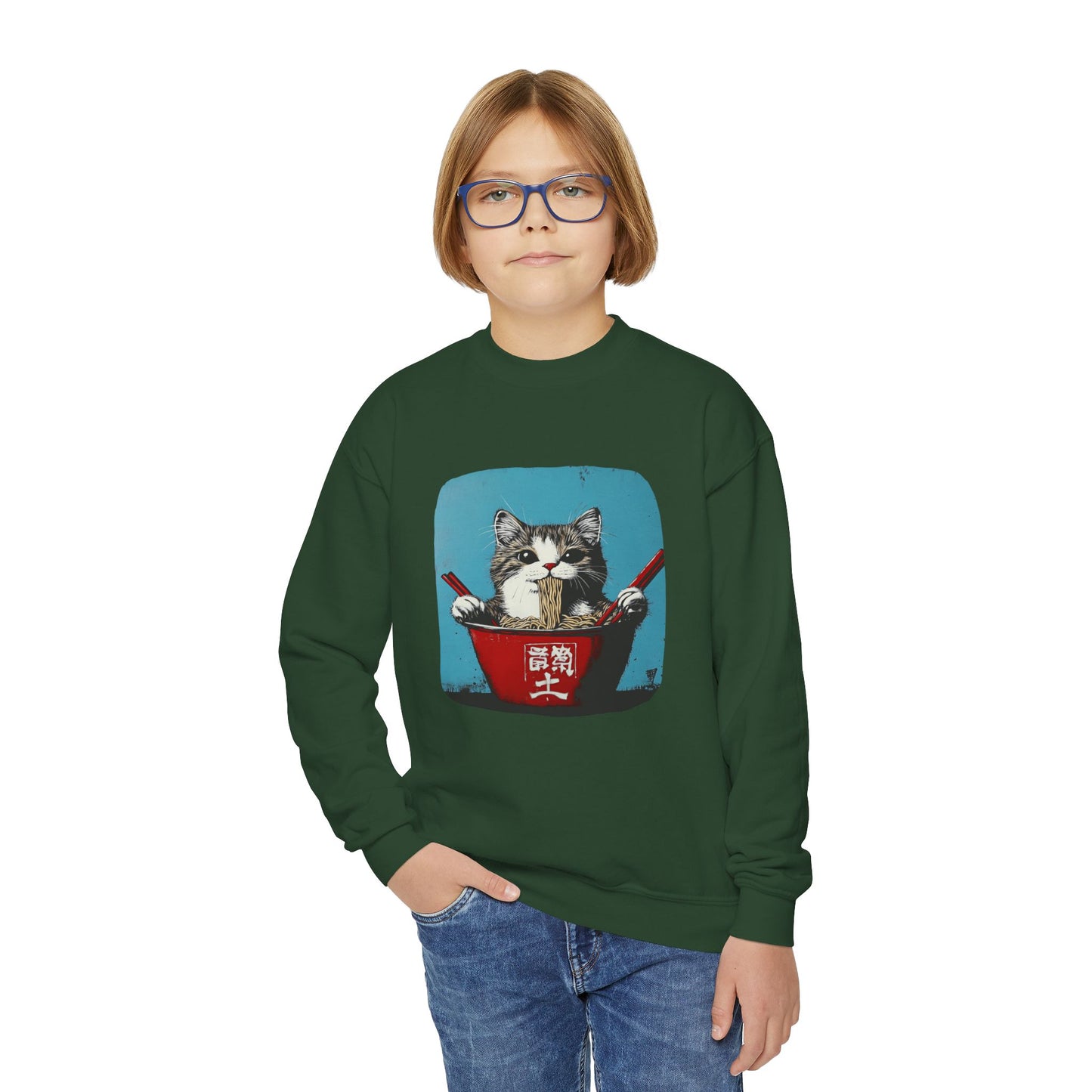 Ramen Bowl Cats for Kids Sweatshirt - Hungry Noodle Kitty  Cat Youth Crewneck Sweatshirt -Christmas Cat Gift