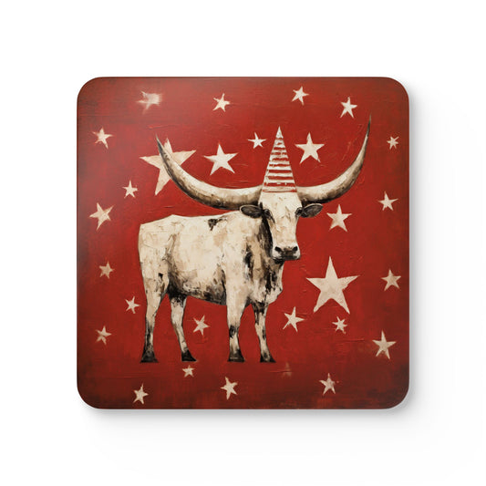 Texas Longhorn Coasters, Southern Cattle Holiday Colors Oklahoma, Texas, Starry Rodeo Gift Texas Arizona, New Mexico Corkwood Coaster Set