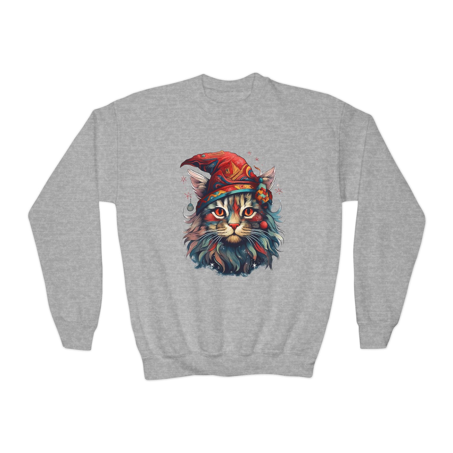 Santa's Cat Elf in Santa Hat, Kids Sweatshirt - Adorable Kids Youth Crewneck Sweatshirt -Christmas Cat Wizard Gift