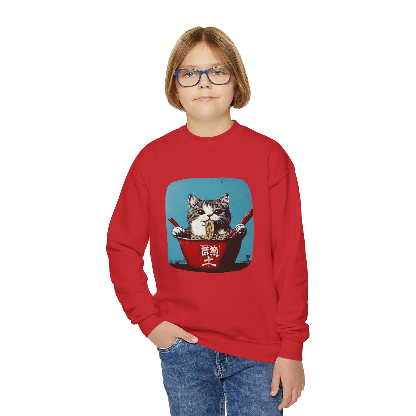 Ramen Bowl Cats for Kids Sweatshirt - Hungry Noodle Kitty  Cat Youth Crewneck Sweatshirt -Christmas Cat Gift