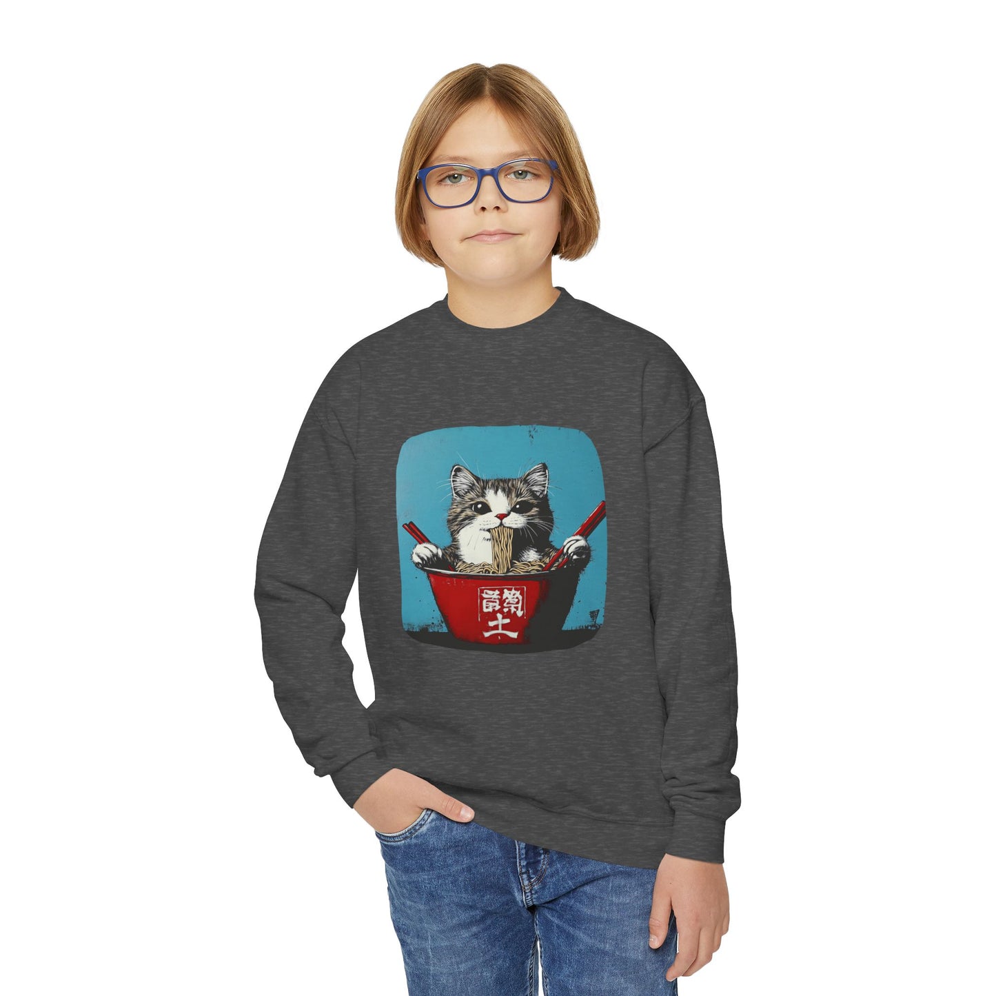 Ramen Bowl Cats for Kids Sweatshirt - Hungry Noodle Kitty  Cat Youth Crewneck Sweatshirt -Christmas Cat Gift