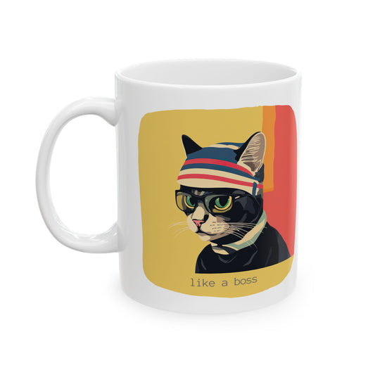 Like a Boss Cool Cats, Geeky Boss Cool Cats Christmas Gift  Mug, Cat and Boss Printed Ceramic Mug 11oz