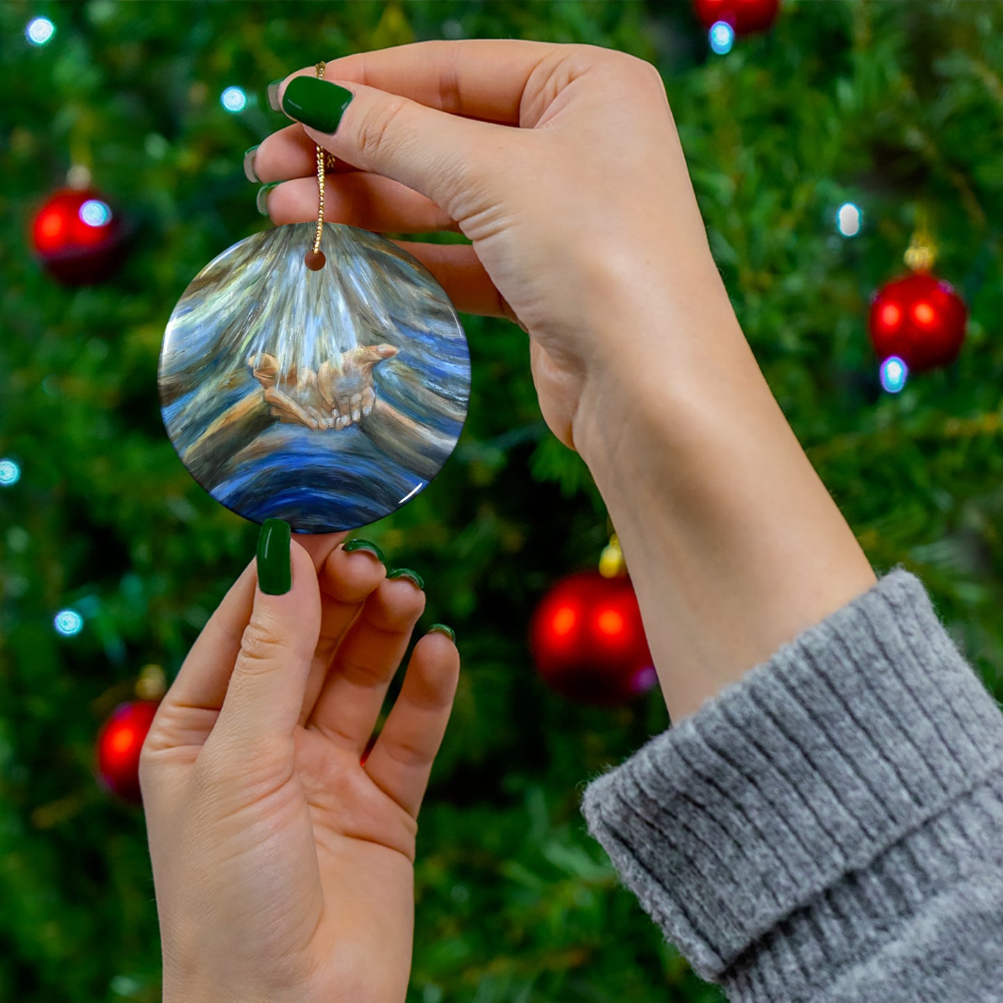 Hands of Grace, Hands of Light, Creation, Spiritual, Religious Christmas Gift, Printed Ceramic Christmas Tree ornament, Christian Christ