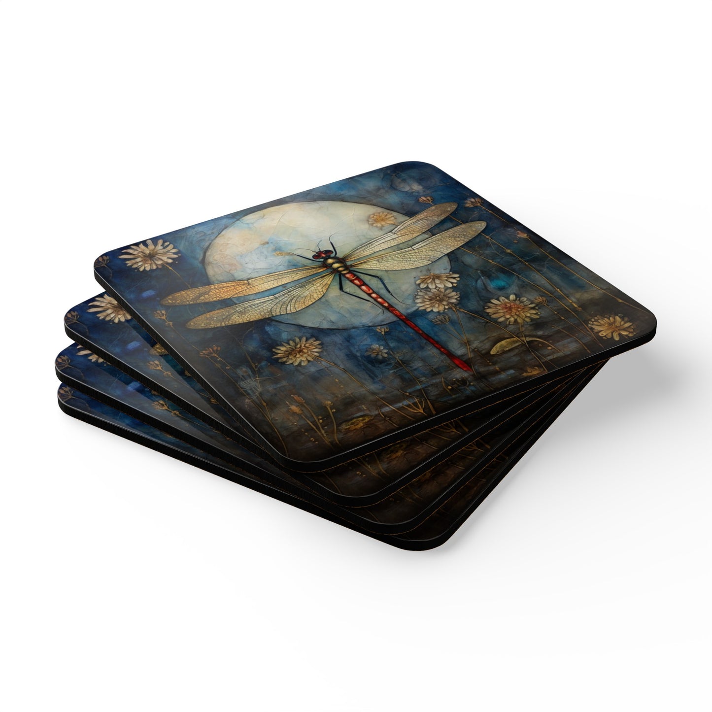 Dragonfly Folk Art Gift, Corkwood Coaster Set Home Decor Gift for Dragonfly Lovers