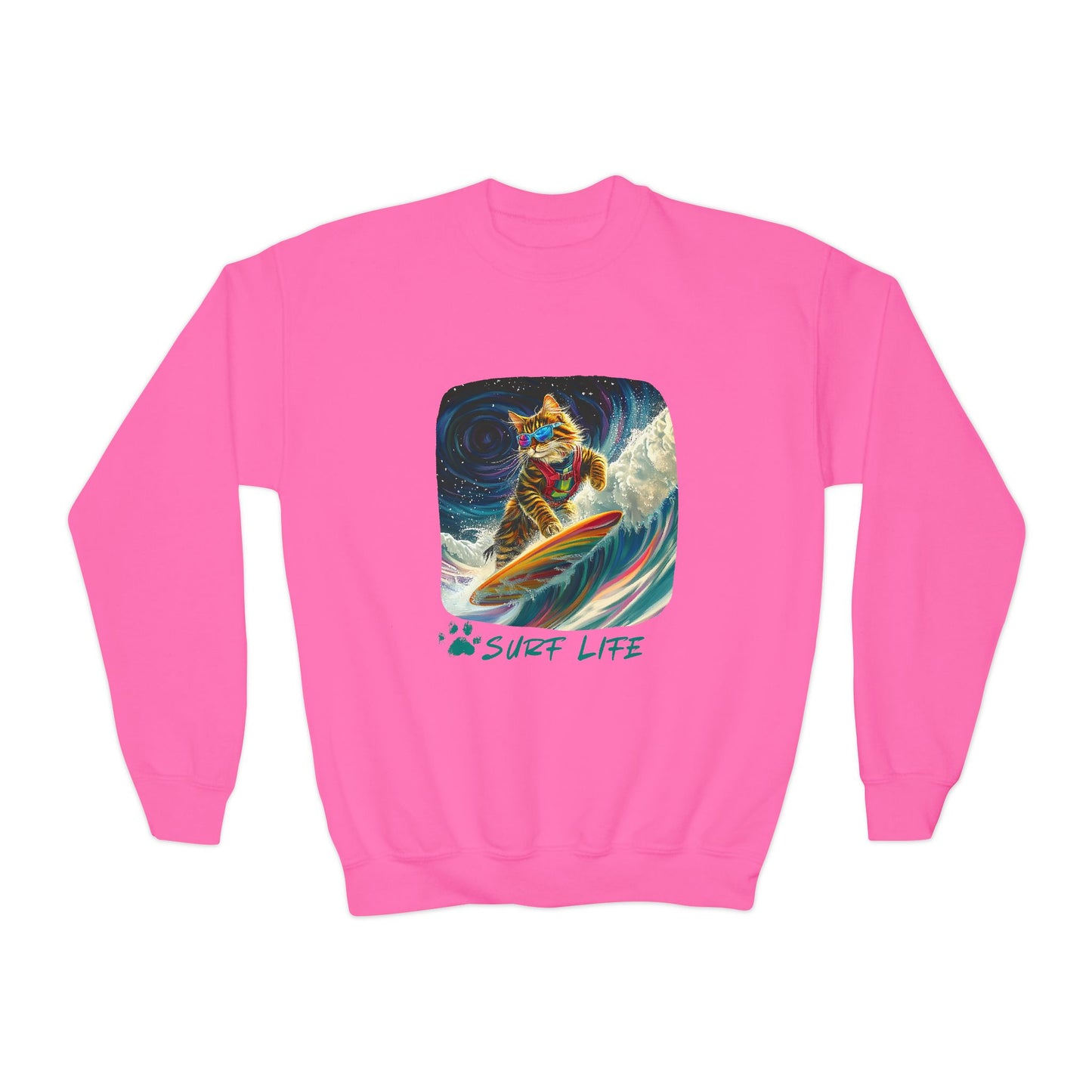 Surf Life Surfer Cat for Kids Sweatshirt - Kitty  Cat Shredding the Weves-Youth Crewneck Sweatshirt -Christmas Cat Gift