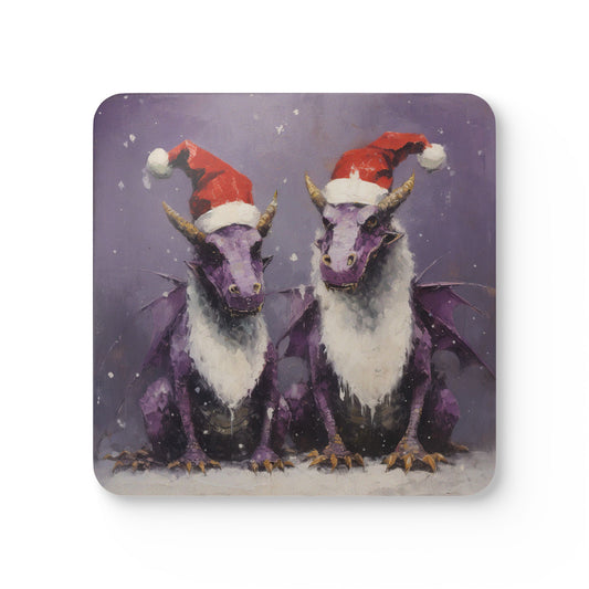 Purple Dragons, Dragon, Magical Holiday Santa Hat Dragons Gift Corkwood Coaster Set, Bearded Dragon, Fantasy Art Dragon in Santa Hat