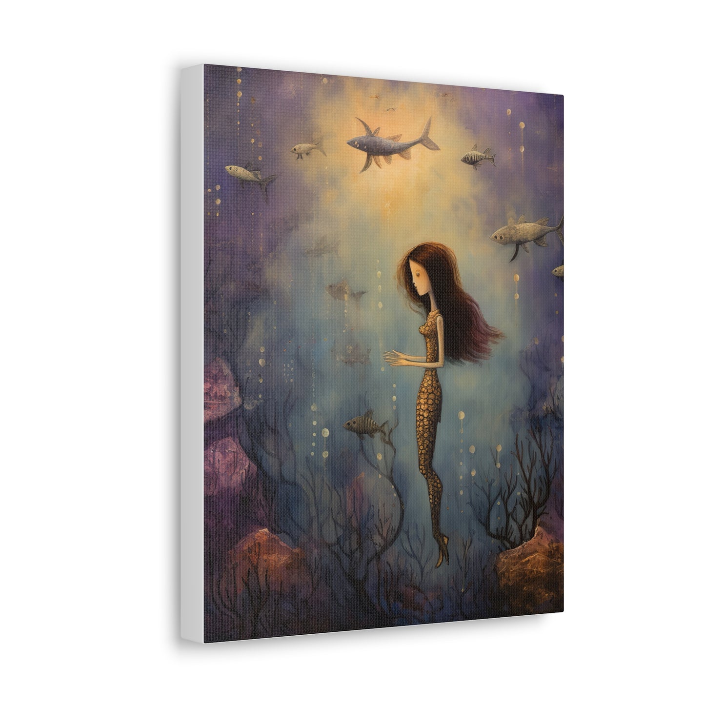 Purple Mermaid Underwater Scene, Mermaid Gift, Kids, Fantasy Mystical Fish Wall Art, Canvas, Flower Gift, Wall Art Painting Pastel