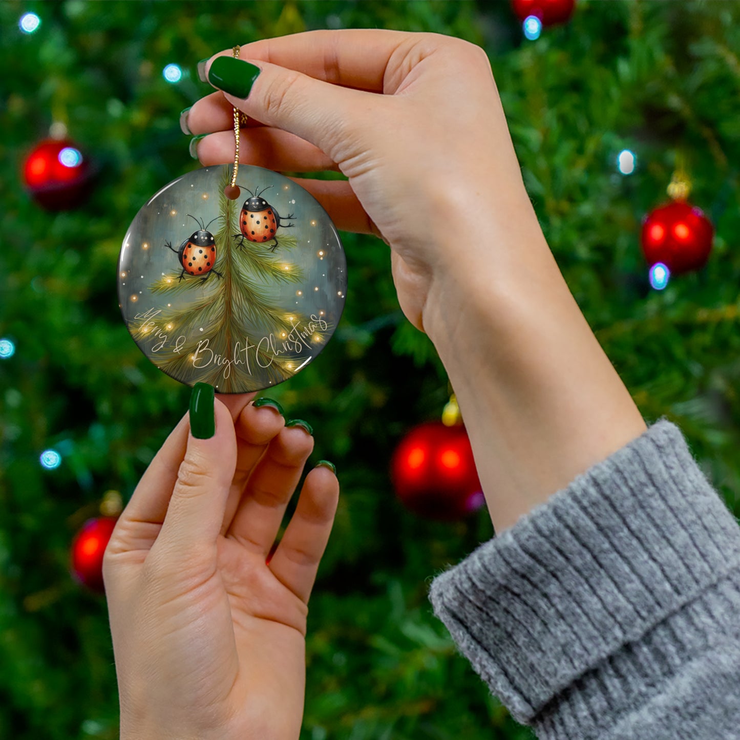 Lady Bug Christmas Tree Ornament, Merry & Bright Christmas, Adorable Lady Bugs Gift Ceramic Lady Bug Ornament Brings Good Luck