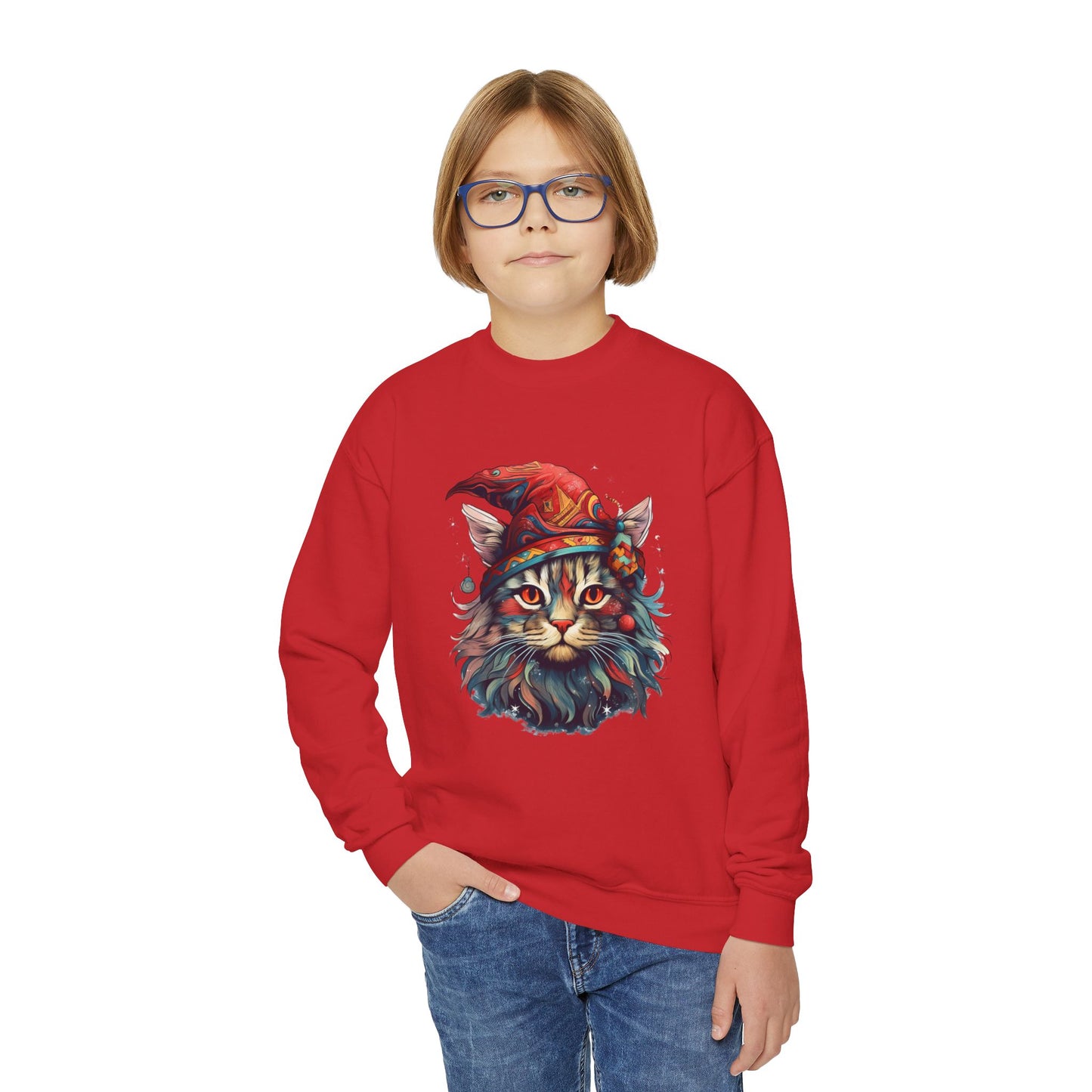 Santa's Cat Elf in Santa Hat, Kids Sweatshirt - Adorable Kids Youth Crewneck Sweatshirt -Christmas Cat Wizard Gift