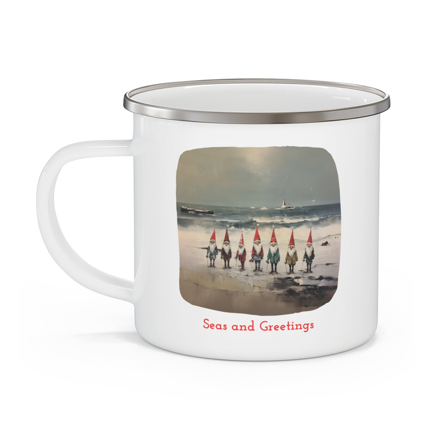 Seas and Greetings, Nautical Gnomes Christmas by the Sea, Sailing, Nautical  Gift,  Enamel Camping Mug