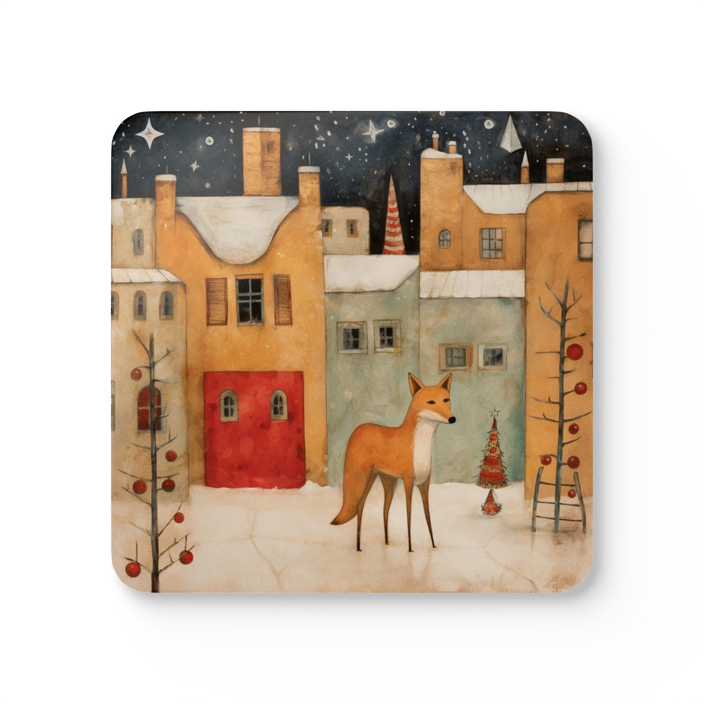 New Mexico, Adobe, Santa Fe, Coyote Winter Folk Art Gift, Corkwood Coaster Set High Desert Coyote in Adobe Houses, Christmas