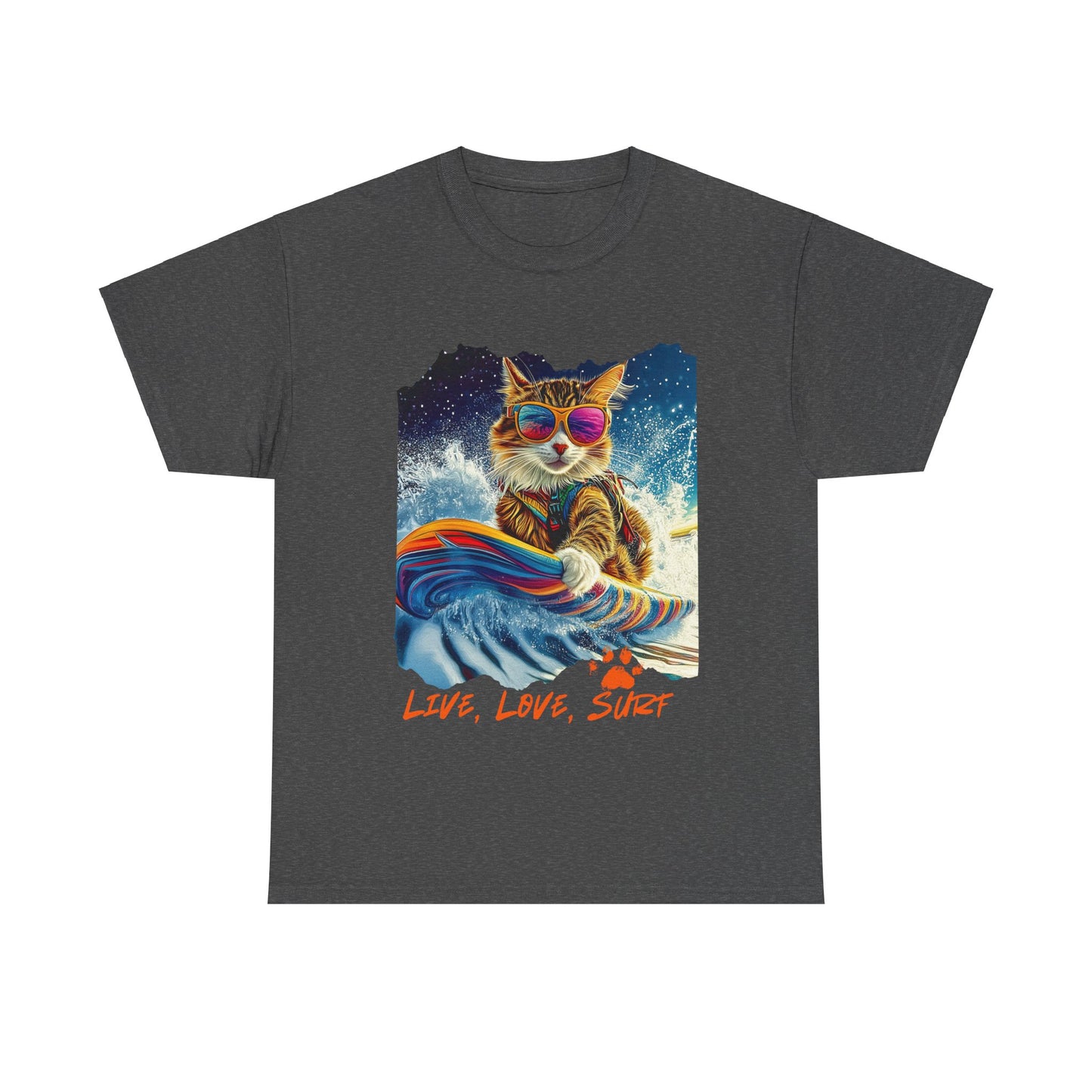 Live, Love Surf - Surfer Cat Graphic Tee, Cat on Surfboard  reads "Live, Love Surf"  Surf Life Cat ,Art Gift   -  Cool Cats Unisex Heavy Cotton Tee T-Shirt